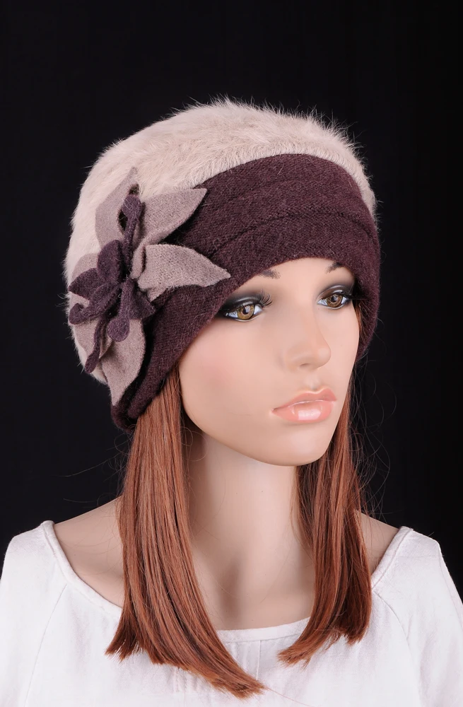 

M604 Cute Flower Winter Warm Beige Rabbit Fur & Wool Brown Brim Fashion Women's Dress Hat Beanie Cap Pick Color