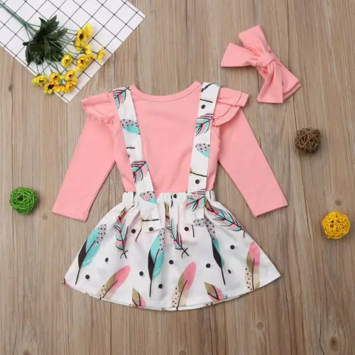 Toddler Kids Baby Girls Clothes T-shirt Tops+Strap Dress Skirt Outfits Children Set 3PCS | Детская одежда и обувь