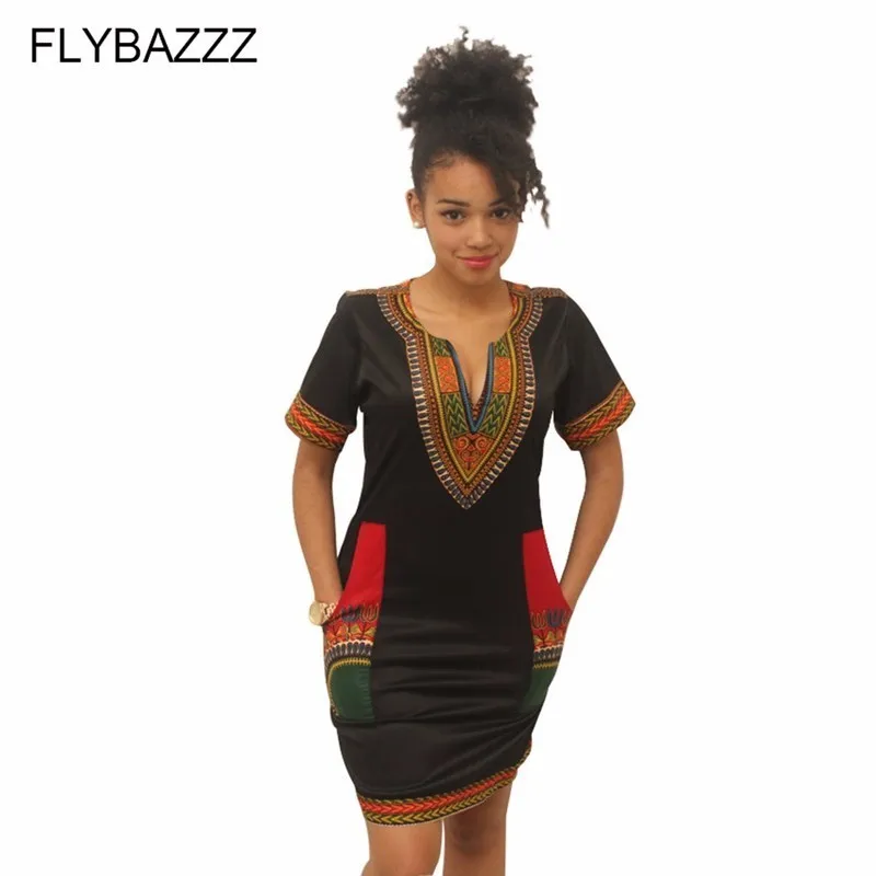 

African Dresses for Women's Explosion Models 2019 Positioning Printing Black Ethnic Beach Dress Sexy V Neck Bodycon Mini Dress