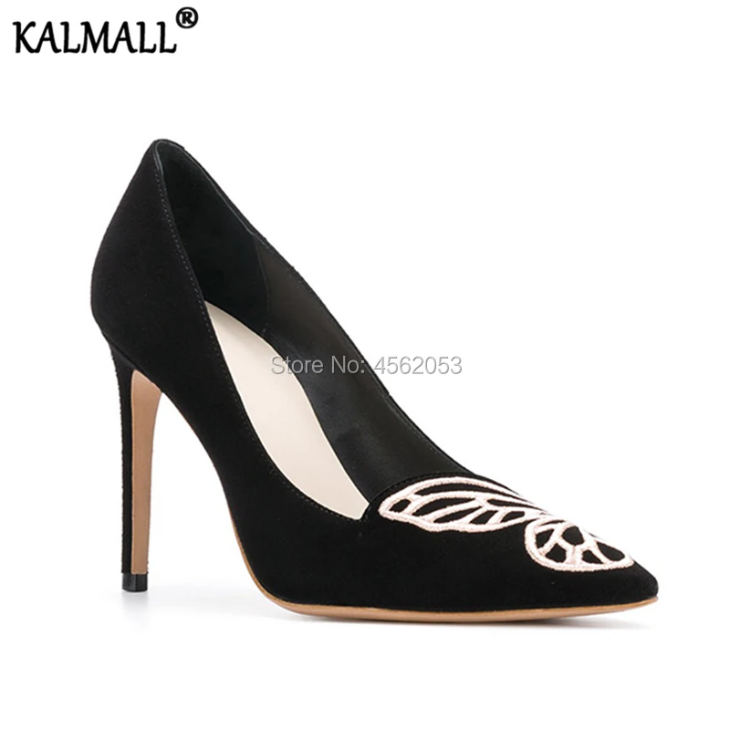 Женские туфли с вышивкой KALMALL полукрылышками для вечевечерние черные замшевые