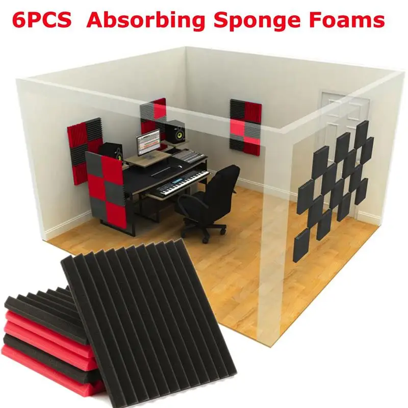 6pcs Red Black Soundproofing Foam Sound Absorbing Noise Sponge Foaming For KTV Acoustic Panels Studio Foam Wedges 30x30x2.5cm
