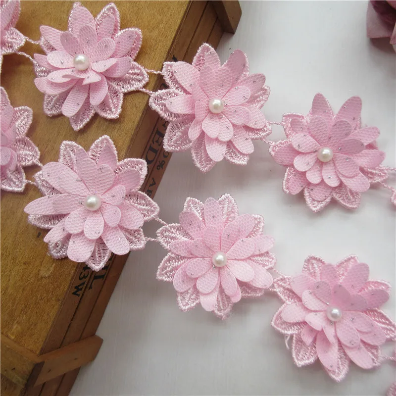 1 ярд белый и розовый полиэстер Жемчужный Цветок вышитые кружева отделка ленты