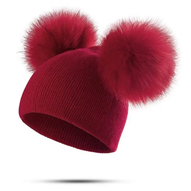 Женская вязаная шапка с искусственным мехом и двойными шерстяными шариками, имитация лисицы, с закругленным верхом, теплая.