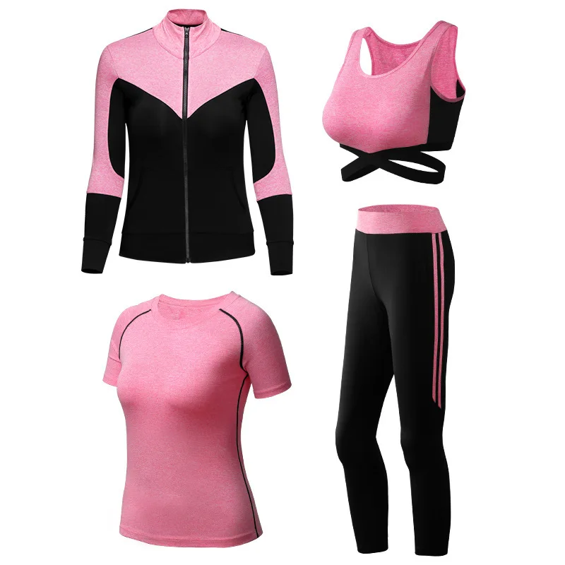 

Women Yoga Set 4 Pcs Sport Suit Solid Color Fitness Suit Leggings Breathable Yoga Set Zipper Sportswear Sport Pants Tracksuit