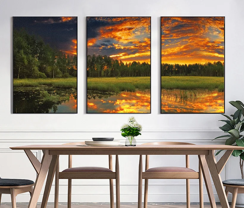 

Modern European sunset, sunrise, forest landscape, triple Frameless paintings