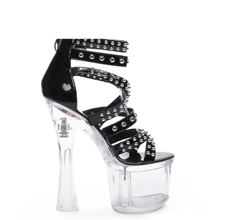 Сандалии женские на очень высоком каблуке 18 см с заклепками и ПВХ ремешками |