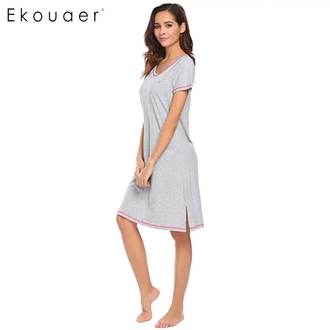 Ekouaer/Летняя хлопковая ночная рубашка с вышивкой Однотонная коротким рукавом и