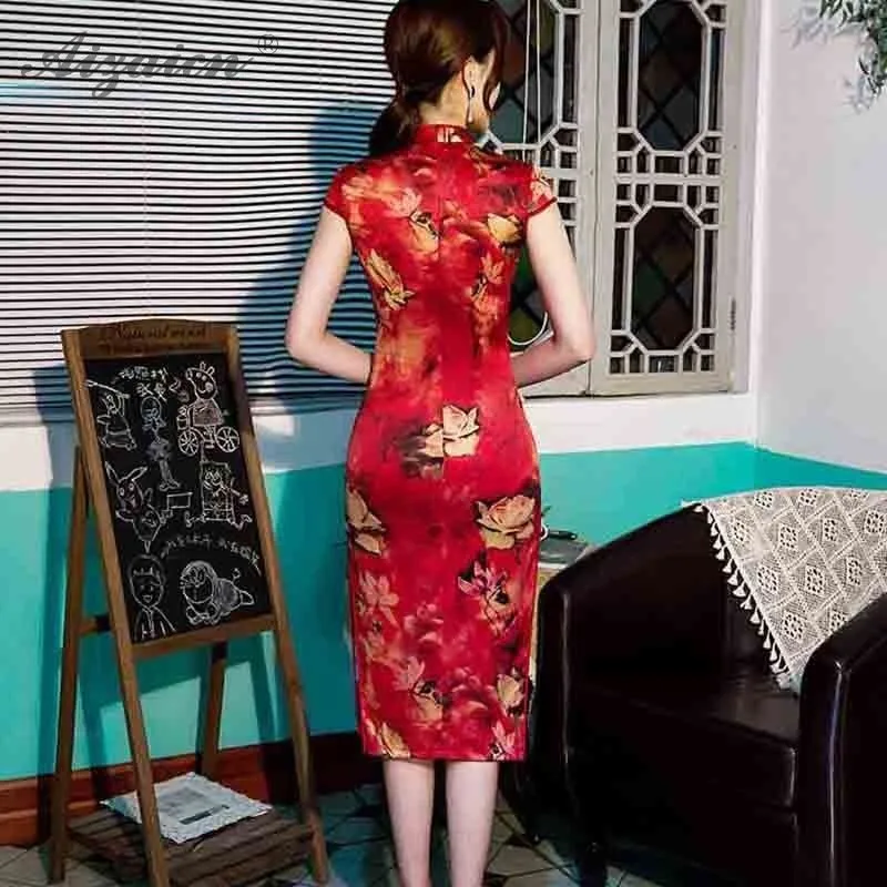 Fashion Red Cheongsam Long Double Layer Mother Dresses Chinoise Vintage Gown Qi Pao Women Chinese Traditional Clothing Dress |