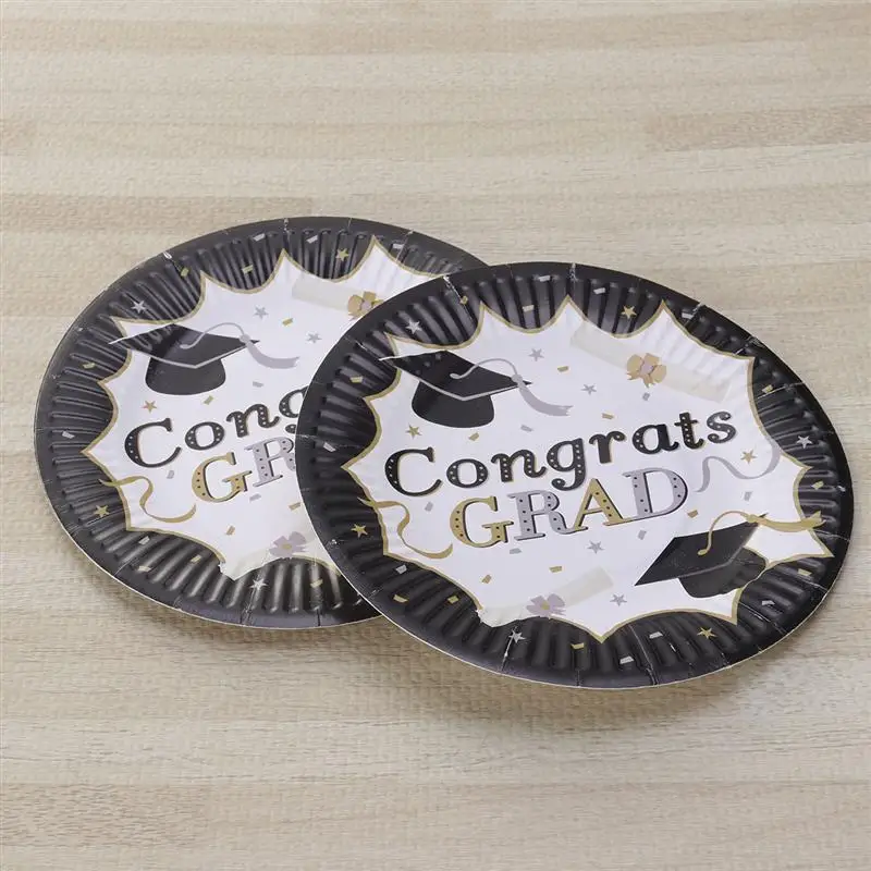 10 шт бумажных тарелок Congrats Grad одноразовые круглые черные и золотые столовые