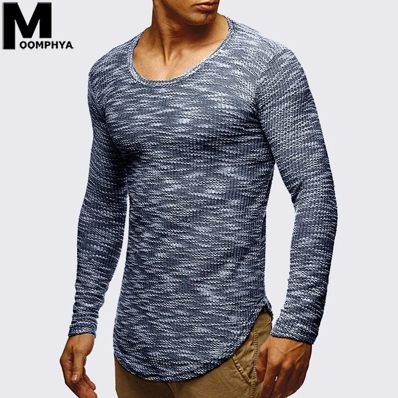 

Moomphya 2019 New Streetwear hip hop Jacquard Stripes long sleeve men t shirt Curved hem funny t-shirt men Summer tshirt men