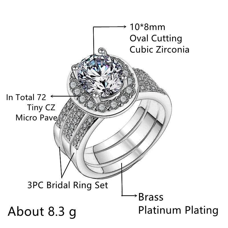 

Huitan 3PC Bridal Ring Set with Oval Cutting Cubic Zirconia Luxury Jewelry Lover Gift Engagement Promise Wedding Rings for Women