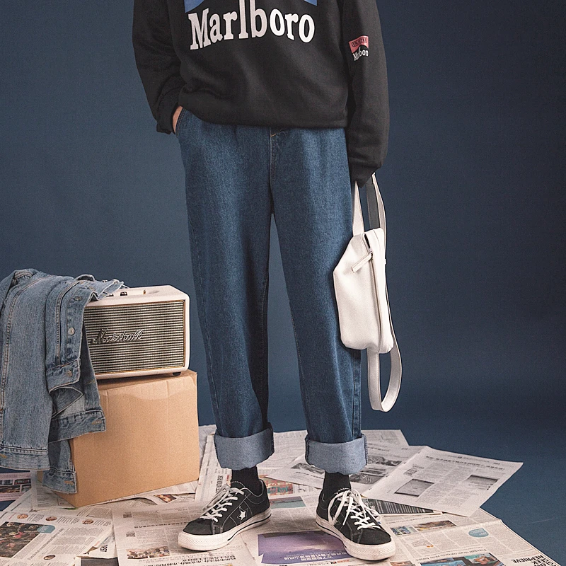 Мужские повседневные джинсы с эластичной резинкой на талии синие/черные