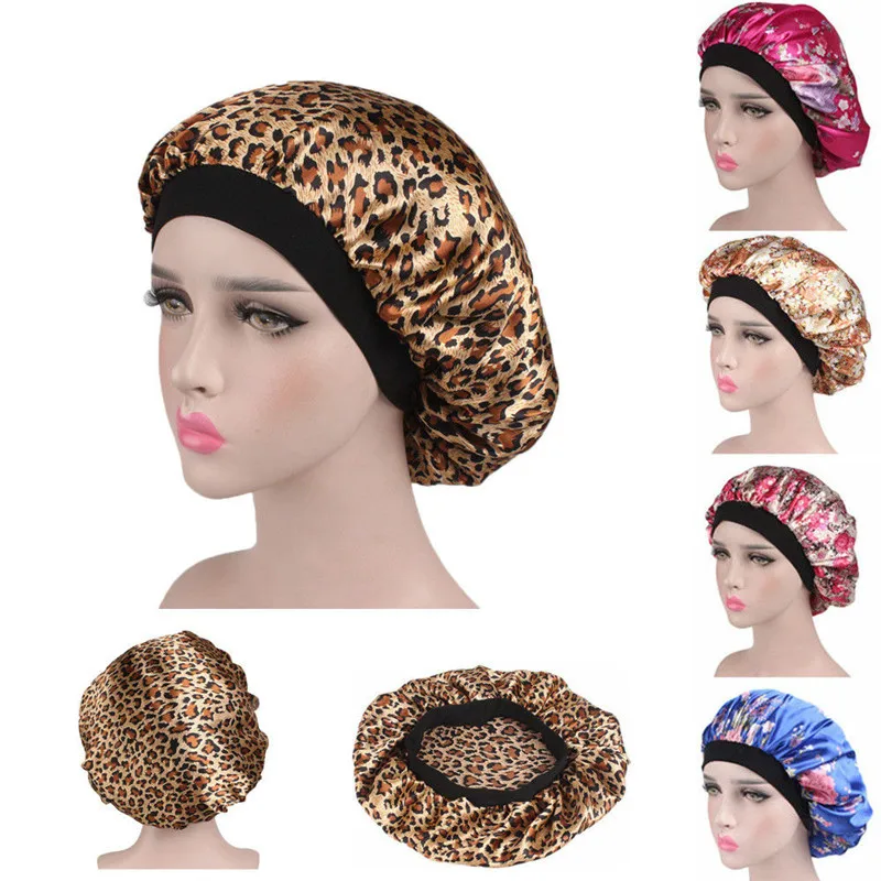 

Silk Night Sleep Cap Hair Care Bonnet Hat Head Cover Satin Wide Elastic Band Flower Leopard Hats