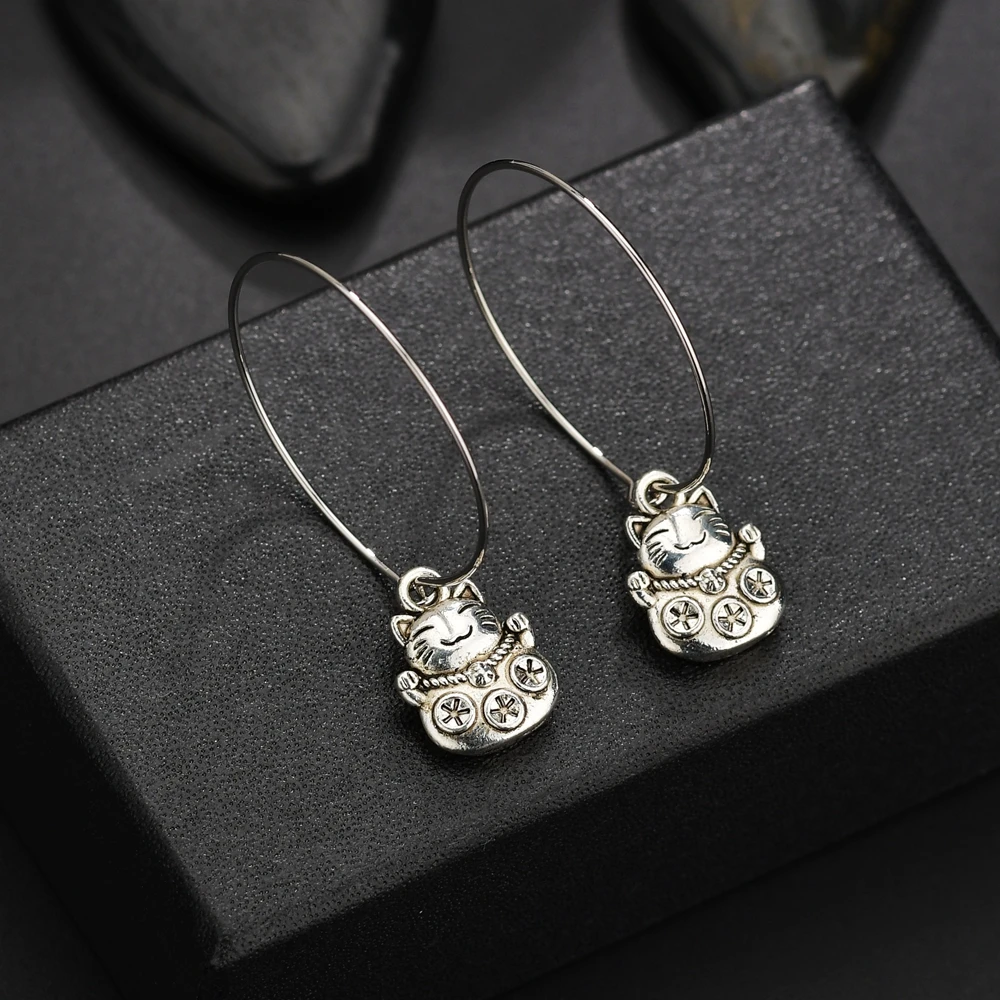 Серьги Котенок с цветочным рисунком и смайликом из мультфильма большие длинные