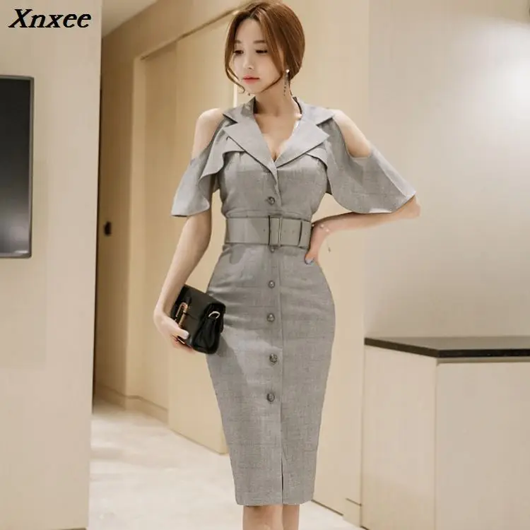 Korean Summer Women Office Xnxee Dress 2020 Fashion Business Gray Off Shoulder Butterfly Sleeve Female Notched Collar Work | Женская