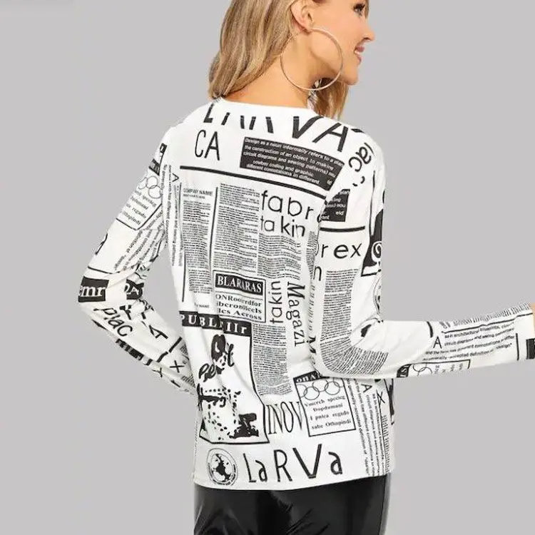 

2019 Fashion Vintage Newspaper Print Funny Summer Women's T-Shirts Vogue Princess Long Sleeve T-Shirt Frail Tops Female Tops