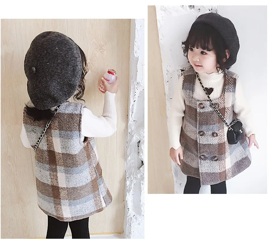 Girls Clothing Wool Double-breasted Strap Dress Infant Baby Kids Dresses For Fashion Plaid Sleeveless Toddler 2-5 Y | Детская одежда и