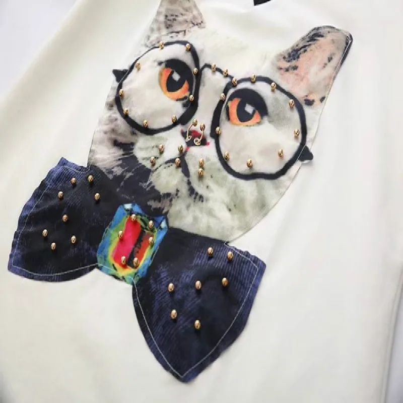 

Cartoon Bowtie Cat Printed beaded V-neck Shirts Dress Rivet Casual Women long-sleeved Hit Color Rivet O-Neck thin Dress XL Tops