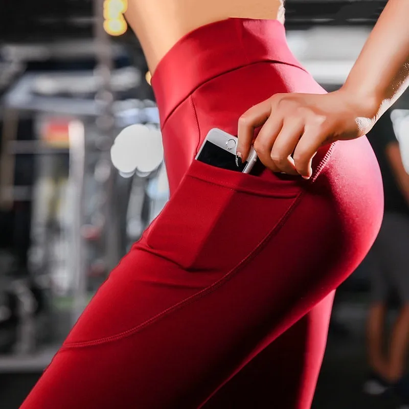 Высокая талия Твердые штаны для йоги Push Up новые карманные тренировочные леггинсы