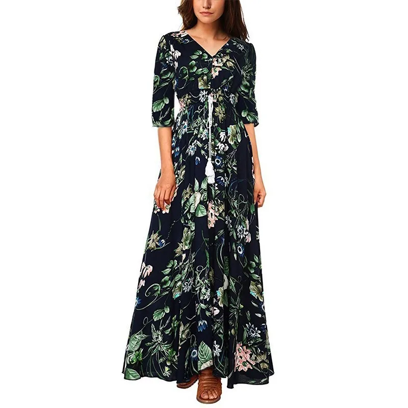 Floral Maxi Beach Dress Women Summer 2019 New V Neck White Boho Casual Ladies Short Sleeve Holiday Long Dresses For | Женская одежда