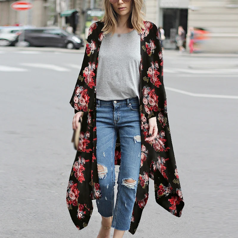 Женская свободная накидка с длинным рукавом плюс размер повседневное кимоно