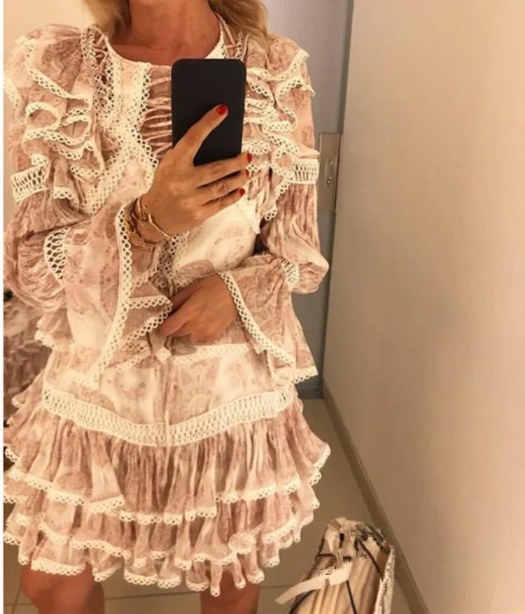 Женское ажурное платье с принтом модное мини-платье высокой талией и круглым