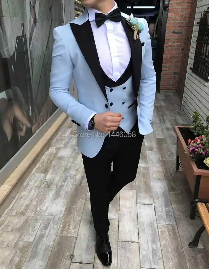 

2019 Tailored Made 3 Pieces Casual Peaked Lapel Men Slim Fit Suit Sky Blue Tuxedo Groom Blazer Men Wedding Suits Terno Masculino