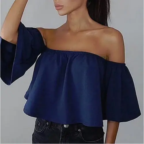 

Ladies Tops Ladies Women Half Sleeve Off Shoulder Ruffle Chiffon Short Blouse Casual Solid Color Summer Tops