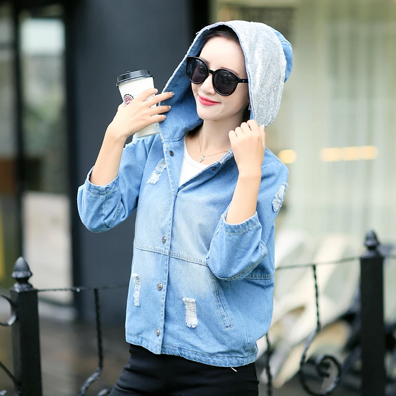 Harajuku Coat Women Bomber Jacket Denim Slim Coats Hooded Sequins Short Solid Outwear Chaqueta Mujer Vintage Biker Letter | Женская