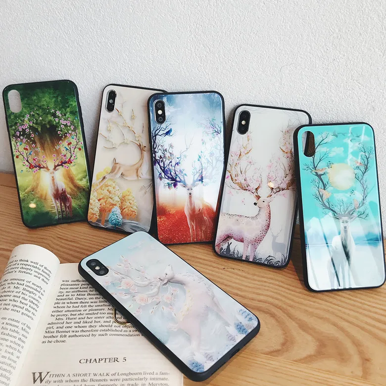 XR Fancy Dream Deer Tempered Glass Phone Case Anti-shock Full Cover For iPhoneXsmax 8plus 6s 7plus Shell Body Protection | Мобильные