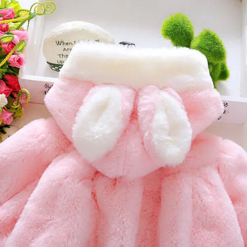 2019 Winter Baby Girls Warm Fleece 3D Rabbit Ear Fur Coats Snowsuits Jackets Outerwear Cloak Clothes 0-4Y Pink&ampWhite | Детская одежда