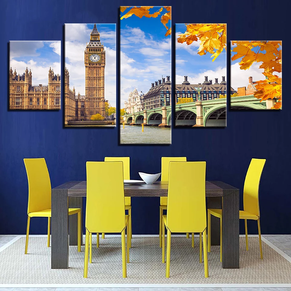 

Canvas Wall Art Framework Home Decor 5 Piece Elizabeth Tower Big Ben Poster Bridge Pictures Paintings Modular Prints Poster