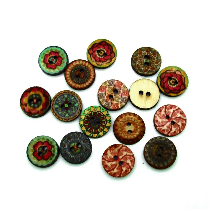 

100pcs 15mm Sewing Button Flower Round Pattern Wood Buttons For Clothing 2 Holes Sewing Scrapbooking Clothes Decoration