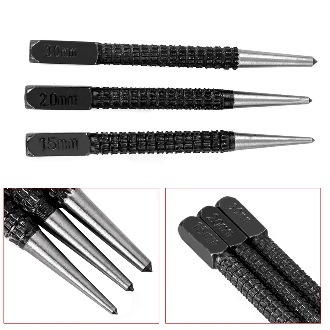 

3pcs High-carbon Steel Center Pin Punch Set 10cm Non Slip Center Punch 3.93inch For Alloy Steel Metal Wood Marking Drilling Tool
