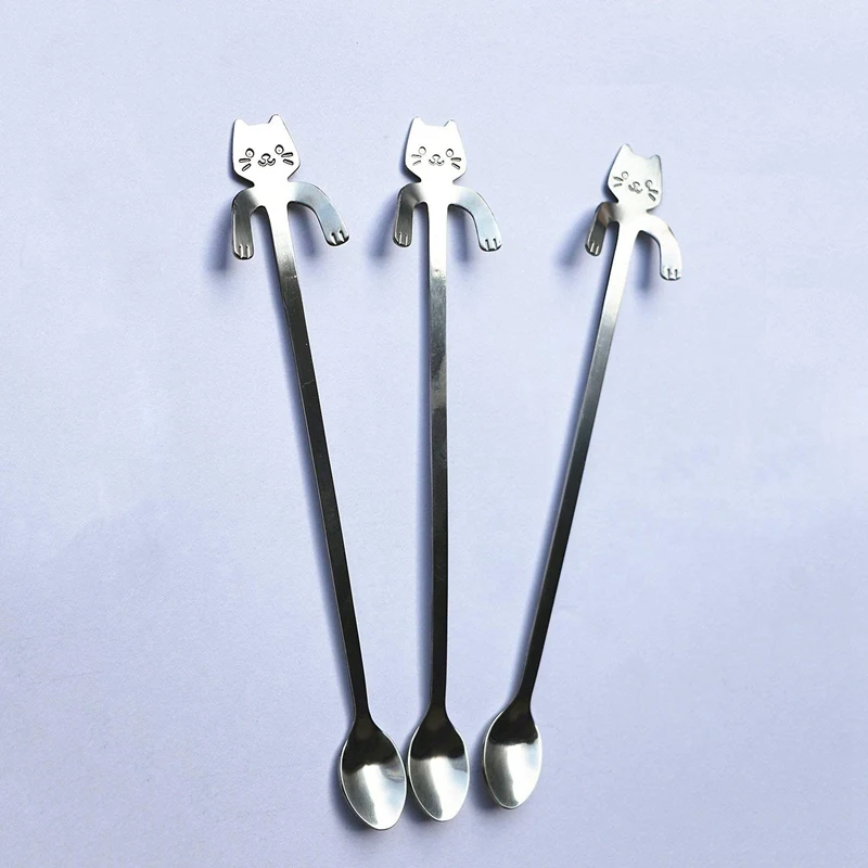 New-3-Pcs Lovely Cat Long Handle Hanging Spoons Stainless Steel Ice Tea Coffee (7.8-Inch In Length) | Дом и сад