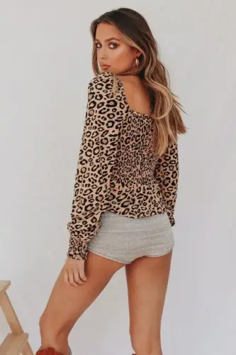 Women Leopard Long Sleeve Sexy Slim Crop Top Blouse Ladies Autumn Petal Blouses Fashion | Женская одежда