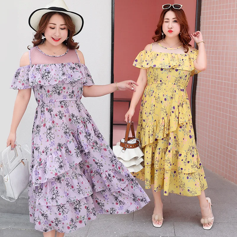 

Korean style sweet maxi dress large size Ruffles floral dress mesh loose long summer dress plus size 4xl large size women dress