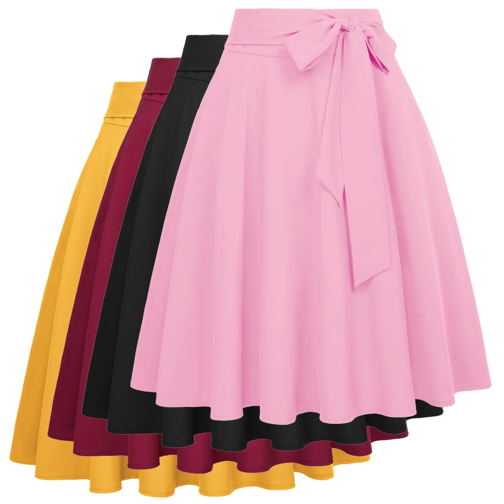 Юбка женская трапециевидная до колен с завышенной талией и бантом|Женские юбки| |