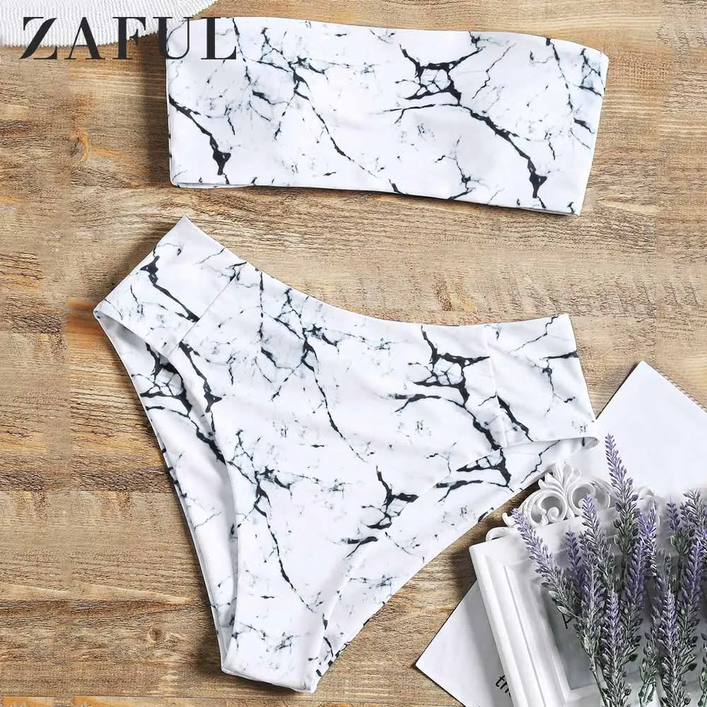 Женский купальный костюм ZAFUL без бретелек с мраморным принтом высокой талией