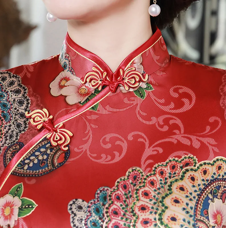 Китайские платья SHENG COCO шелковое платье Ципао с красными цветами китайское