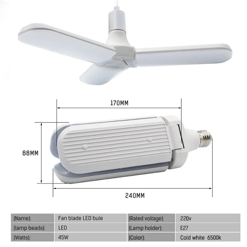 CLAITE 2835 228LED E27 45W Складной вентилятор с лезвием Регулируемая угловая лампа для