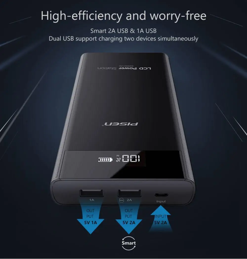 PISEN реальная 20000 mAh Мощность Bank Dual USB Портативный ЖК дисплей bank внешняя Батарея