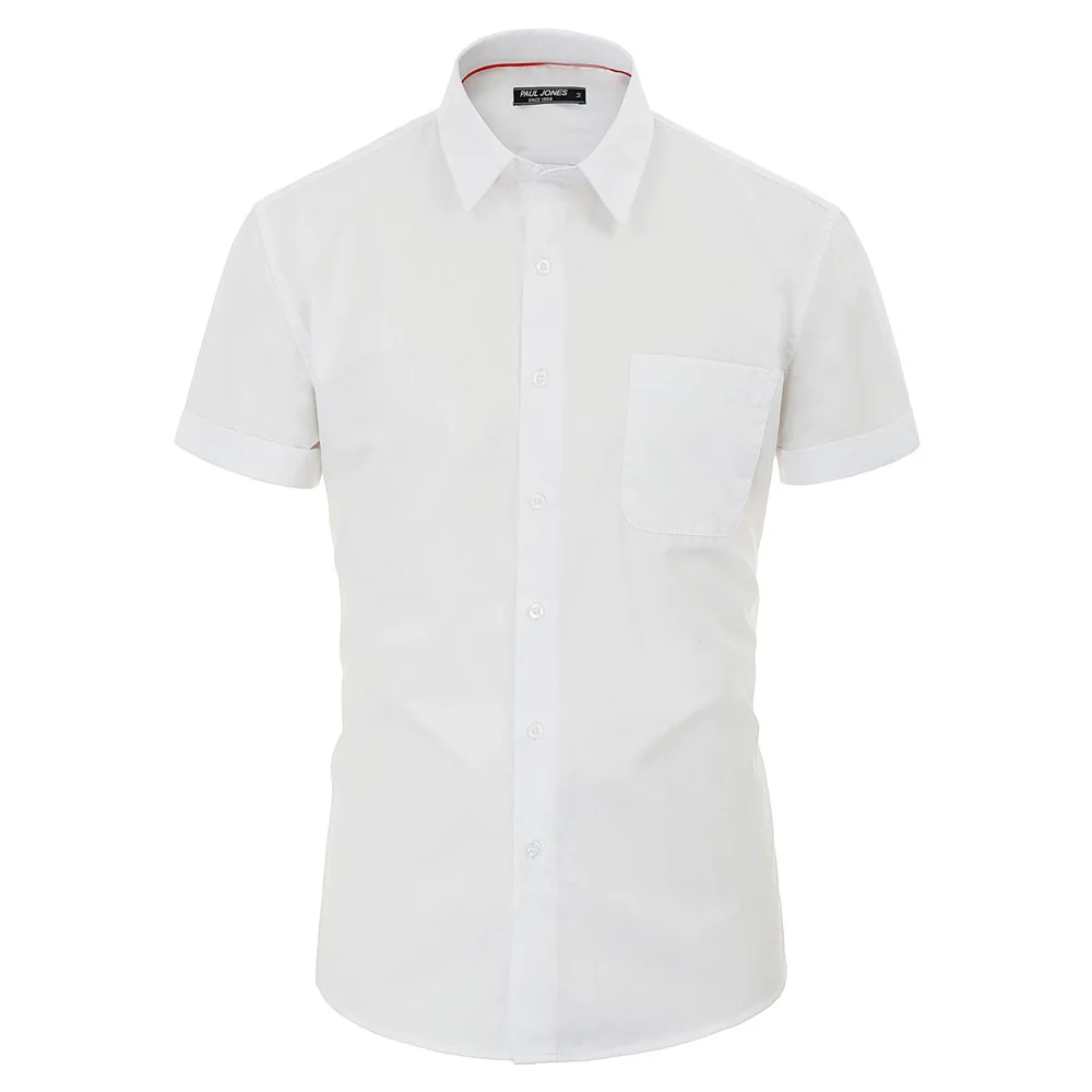 

Men white shirt summer office wear business work shirts Solid Color Short Sleeve turn-down Collar Button Placket blouses Tops