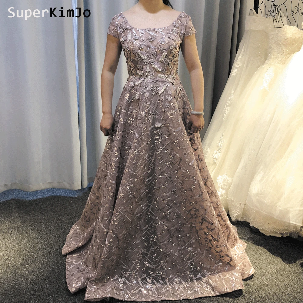

actual image prom dress scoop neckline pearls beading pearls sequins lace appliques cap sleeve a line evening dress dusty pink