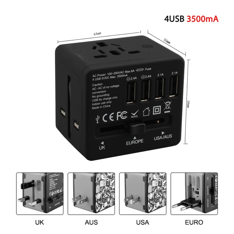Универсальный адаптер питания для путешествий с 4 USB международными адаптерами