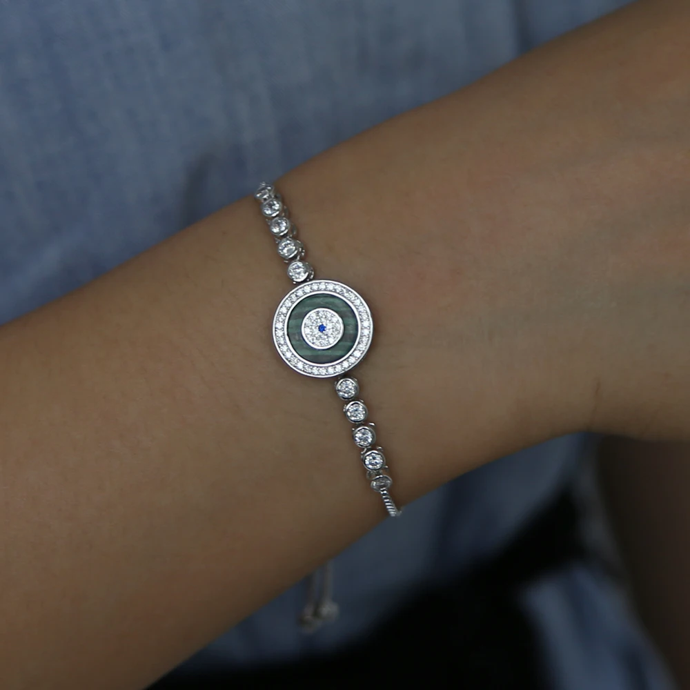 2020 Fashion Women Mens Tennis Bracelet With Green Cz Paved Evil Eye Shape Charm Adjust Box Chain Wedding Nice Jewelry | Украшения и
