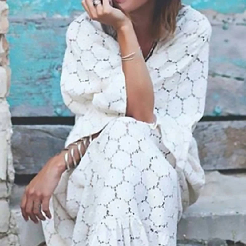 2019 New Spring Summer V-neck Three-quarter Sleeve White Lace Split Joint Loose Big Size Dress Women Fashion Tide R913 | Женская одежда