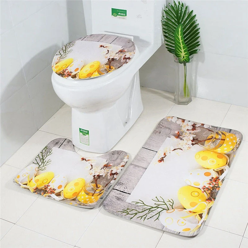 Occident Style 3Pcs Bathroom Floor Mat Flannel Toilet Pad Set With Happy Easter Printing Pattern Non-Slip Combination Rugs | Дом и сад
