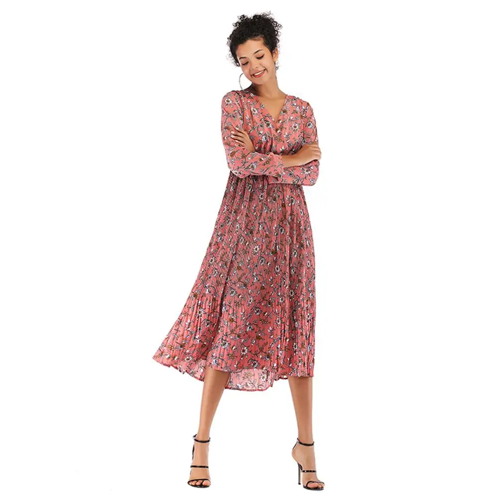 Women Bohemian Long Bud Dress V-neck Women's Printed small floral pleated chiffon dress waist long-sleeved bottom female | Женская