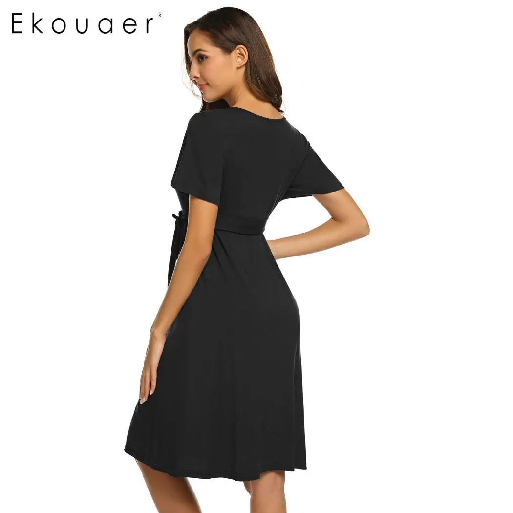 Ночная рубашка Ekouaer Женская однотонная с треугольным вырезом и коротким рукавом
